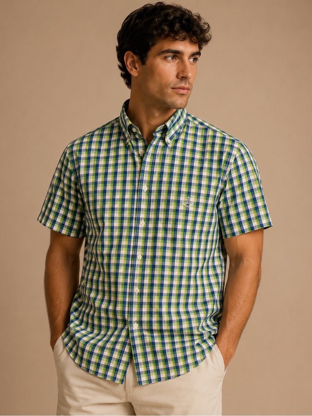 Chaps Men’s Green Blue Gingham Plaid Short Sleeve Button Down Shirt M